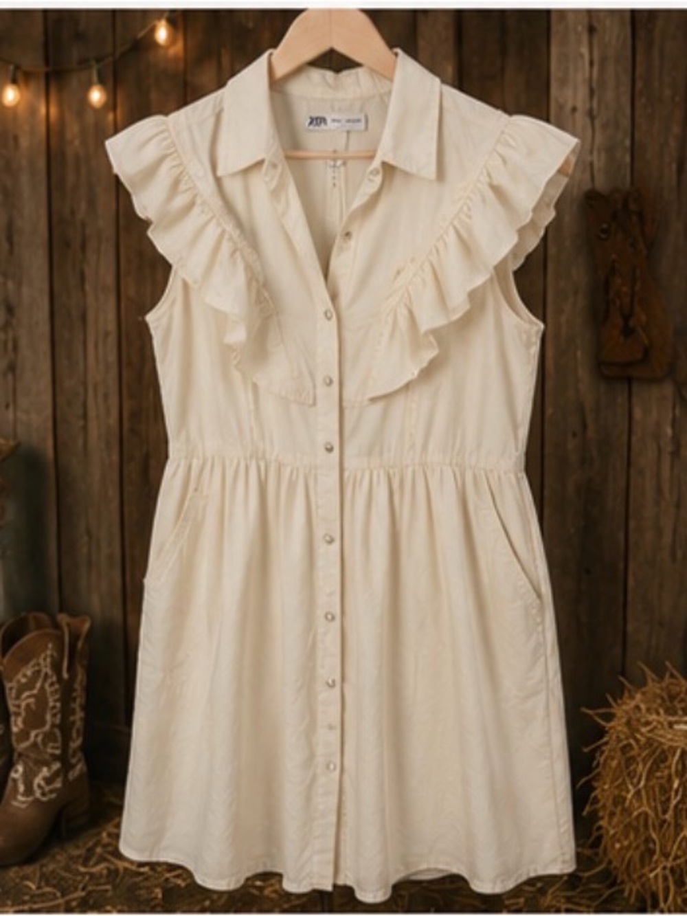 Zara Cream Ruffle-Trim Button Front Mini Dress